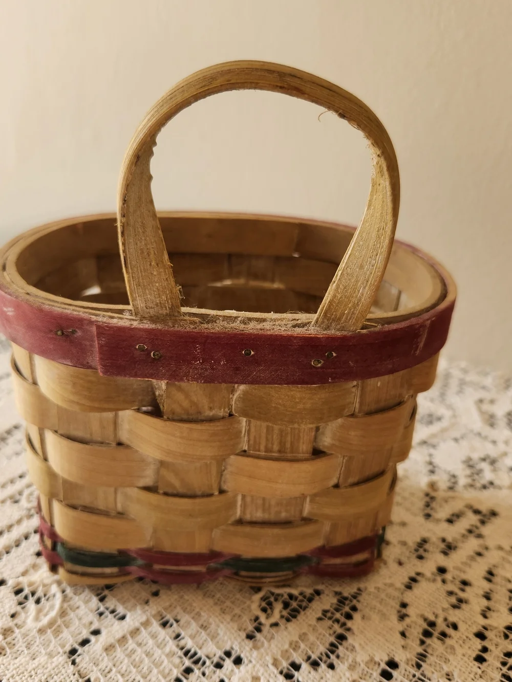Vintage Handwoven Natural and Red Accent Storage Basket - Home Accents